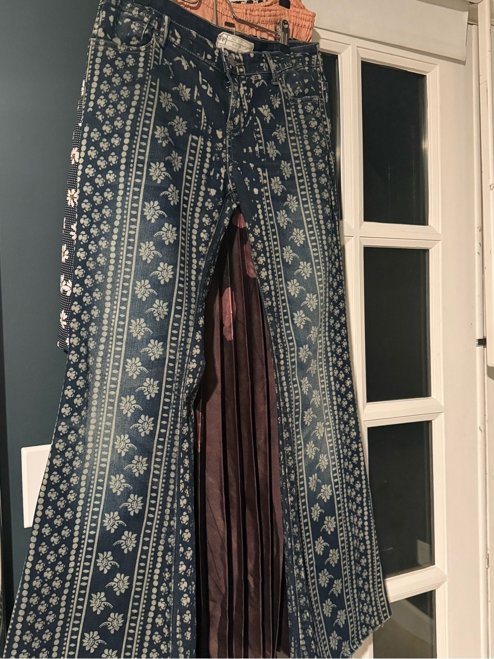 Free People Navy Floral-Striped Flare Jeans